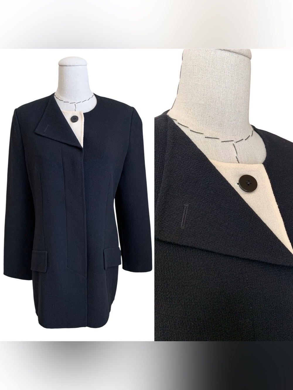 Vintage 80s Bill Blass Black Tailored Wool Blazer Jacket Large